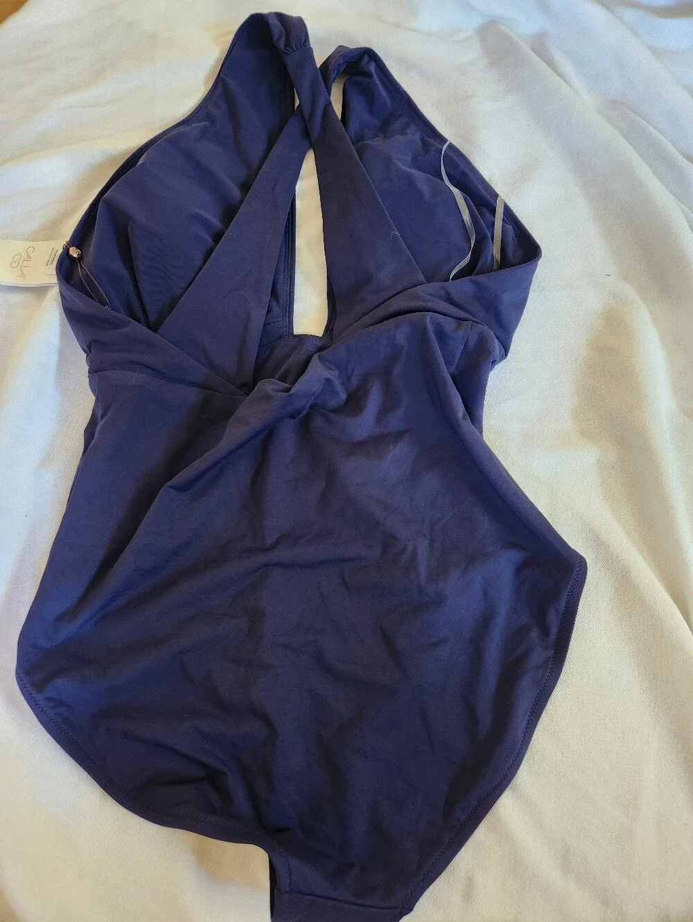 CALIA Navy One Piece Swimsuit Medium NWT Plunge Neck Twist Back Swim